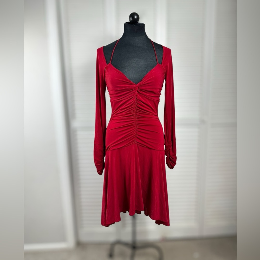 BCBGMaxAzria Red Ruched Wrap Dress with Bishop Sleeves